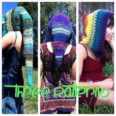 three different pictures of women wearing crocheted hats and scarves with the words free pattern