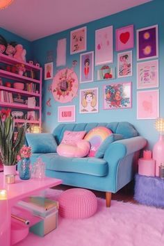 Eclectic quirky Barbie themed room with bold blues and pinks, fluffy pink rug, aqua love seat, cool posters, art, purple side table, and pink bookshelf. Colorful and dreamy living space. Blue And Pink Maximalism, Pink Eclectic Decor, Barbie Aesthetic Living Room, Retro Barbie Room, Barbiecore Room Decor, Light Blue Maximalist Bedroom, Blue And Purple Walls, Bright Pink Room Ideas, Pink And Blue House Decor