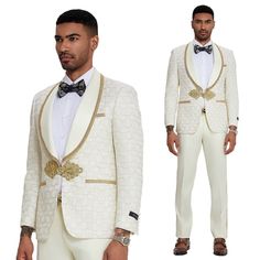 Elevate Your Style With The Ivory And Gold 2pc Men's Suit By Tazzio, A Masterpiece Of Sophistication And Contemporary Elegance. Crafted With Meticulous Attention To Detail, The Jacket Features A Captivating Swirl Textured Pattern, Accentuated By A Wide Satin Shawl Collar Adorned With Golden Trim, Exuding Opulence And Refinement. With Its Single Clasp Closure And Besom Pockets, The Jacket Offers Both Sleek Modernity And Classic Charm. Paired With Solid Satin Pants Featuring Side Trim Detail, This Luxury White Notch Lapel Sets, Luxury White Sets For Groom, Luxury White Sets For Grooms, Classic Fitted Off-white Sets, Cream Blazer For Groom, Satin Shawl, Surprise Engagement, Wedding Week, Satin Pants