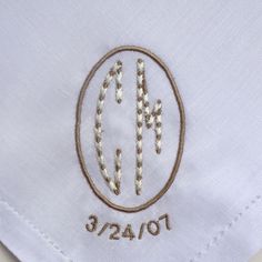 "This gorgeous and supple men's 100% linen handkerchief measures 16.5\" square. Personalization is traditionally done on a corner, we have unique and interesting monogram options unlike standard stock handkerchiefs. This listing features the MM03 woven oval monogram done in taupe thread with pearl white highlights. You may look at the company website if you are interested in the other monogram styles that are available. http://www.initial-impressions.net/embroidery/fancylettering.htm Consider ad Elegant Summer Handkerchiefs As Gifts, Net Embroidery, Baptism Gown, Embroidered Handkerchief, Personalized Pillow Cases, White Highlights, Mom Wedding, Company Website, Second Weddings