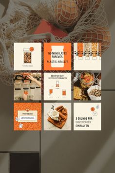 an orange and white brochure with images of food items in it, including carrots