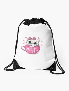 a drawsack bag with an image of a cat holding a coffee cup