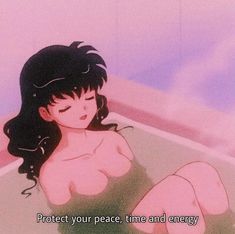 a woman sitting on top of a bath tub next to a pink background with the words protect your peace, time and energy