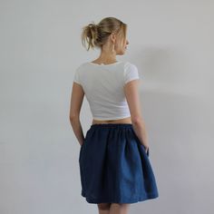 "Write the selected color in the message Midi linen women skirt Handmade blue linen skirt with 2 pockets , perfect for casual wear and suitable for any occasion in any season Details: - 100% natural linen produced in Europe ; - medium weight (180 gram per square meter); - color: blue, could be any from our 17 available colors (color samples at the photo); Made to order, approximately 3-5 days, If you have any questions please message me and I will be glad to answer. Size guide : Size XS Bust: fi Blue Summer Skirt With Side Pockets, Flowy Linen Mini Skirt, Flowy Mini Skirt With Pockets For Summer, Casual Linen Mini Skirt, Summer Linen Skirt With Side Pockets, Linen Mini Skirt With Lining, Linen Mini Skirt With Lined Detail, Casual Flared Cargo Skirt For Summer, Relaxed Linen Mini Skirt