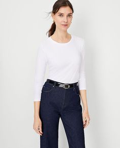 Elevate your wardrobe with the timeless elegance of the Ann Taylor Long Sleeve Crew Neck Top. This essential piece, designed for the modern woman, is perfect for both casual and sophisticated settings.

- Size: 2XS
- Color: White
- Material: 100% Cotton
- Fit: Soft and stretchy
- Length: 24 1/2 inches
- Sleeve Type: Long sleeves
- Neckline: Crew neck
- Care Instructions: Machine washable

Crafted from premium cotton, this top offers a comfortable fit that moves with you. Its classic crew neck an Classic Crew Neck Long Sleeve Top For Spring, Knitted Suit, Hip Style, Taylor White, Crew Neck Top, Fashion Essentials, White Material, White Long Sleeve, Sleeve Type