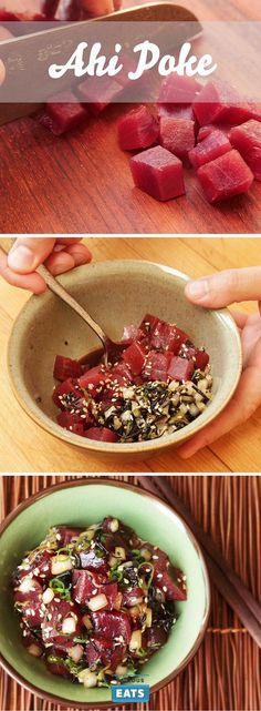 there are many different pictures of food in the same bowl and one is being cut up