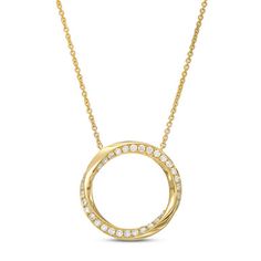 A modern take on a classic circle pendant, this piece features abstract accents of round brilliant cut diamonds along the edge. Modern Diamond Necklace With Diamond Cut, Modern Diamond White Round Cut Diamond Necklace, Modern Round Cut Diamond White Necklace, Modern Yellow Gold Jewelry With Single Cut Diamonds, Modern Twist Jewelry With Diamond Accents, Modern Diamond White Necklace With Brilliant Cut, Modern Diamond Cut Necklace, Modern Yellow Gold Diamond Necklace With Round Pendant, Modern Yellow Gold Diamond Necklace Round Cut