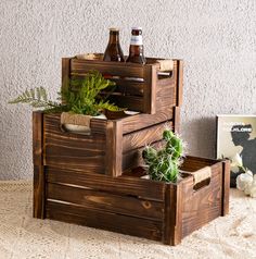 two wooden crates with plants and beer bottles in them on a table next to a wall