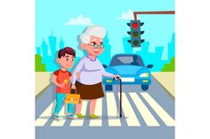 an old woman and young boy crossing the street at a traffic light with a blue car in the background