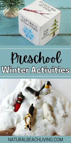 two pictures with the words preschool winter activities in front of them and an image of snowmen