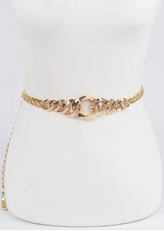 This cute gold-chain belt is perfect to accessorize your outfit. It has a clasp closure and can be adjusted to your liking. Chic Gold-tone Chain Belt For Party, Elegant Metal Chain Belt With Chain Print, Elegant Chain Link Waist Chain With Belt Detail, Elegant Waist Chain With Chain Link Belt, Elegant Chain Link Waist Chain Belt, Trendy Gold Party Belt, Chic Gold Waist Chain, Elegant Gold Belt As Fashion Accessory, Chic Metal Chain Belt With Chain Print