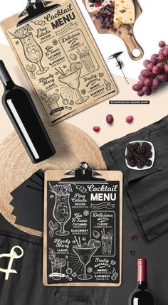 a menu with wine, cheese and other food items