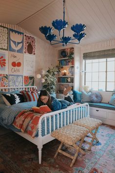 Ella Bedroom with Stripe Wallpaper, Shiplap Dormer Ceiling and Poster Gallery Wall - Nesting With Grace Dormer Ceiling, Dormer Bedroom Ideas, Light Eclectic, Home Outside Decor, Cool Girl Bedrooms, Wallpaper Shiplap, Preteen Bedroom, Wall Behind Bed, Striped Bedroom