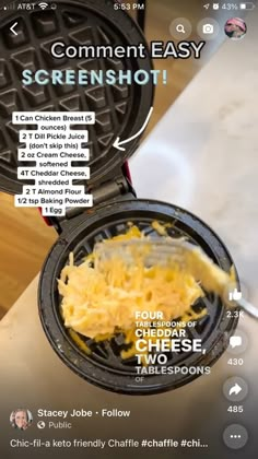 a waffle maker with cheese on top and the words comment easy screen shot above it