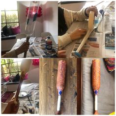 a collage of photos showing the process of painting baseball bats