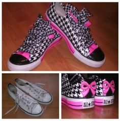 two pictures of shoes with pink bows and black and white checkerboard on them