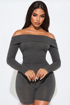 Available In Black, Charcoal, And Olive. Off Shoulder Romper Long Sleeve Fold Over Neckline Biker Shorts Ruched Back Detail Stretch Self: 55% Cotton 37% Rayon 8% Spandex Contrast: 60% Cotton 35% Rayon 5% Spandex Imported | Olivia Off Shoulder Romper in Charcoal size Large by Fashion Nova Romper Long Sleeve, Off Shoulder Romper, Long Romper, Long Sleeve Romper, Matching Dresses, Biker Shorts, Fold Over, Black Charcoal, Dresses For Sale