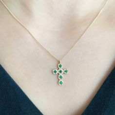 ◆ All of our products are handcrafted with experts in South Korea ◆ PRODUCT DETAILS - Material : Solid Gold (not gold plated or gold filled) - Karat : 14K (585) - Cross Pendant Width : 1.2cm - Cross Pendant Height : 1.6cm - Chain Length : 42cm (16.5 inch) - Stone : Natural Emeralds 6pc - Available Gold Color : Yellow gold ◆ PACKAGING - Packing in a Jewelry Pouch & Elegant Jewelry box, ready for gift-giving - Guarantee Card Before ordering, please check what else we make :) https://www.etsy.com/ca/shop/LeporemJewelry 17 Jewels Gold Plated Emerald Necklace As Gift, Gold Plated Emerald Necklace As A Fine Jewelry Gift, Elegant May Birthstone Cross Pendant Jewelry, Yellow Gold Cross Pendant Necklace With Gemstone, Elegant Green Cross Pendant Necklace, Gold Emerald Necklace With Hallmark, Gold Necklace With Gemstone Cross Pendant, Gold Necklaces With Gemstone Cross Pendant, Emerald Cross