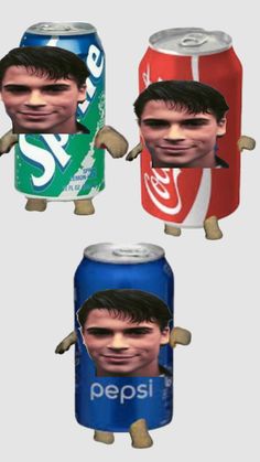 three soda cans with the faces of two men and one is wearing a pepsi can