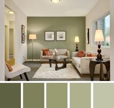 a living room filled with furniture and lots of green paint colors in shades of gray