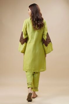 Green kurta with thread embroidery in floral pattern on sleeves. Paired with pant. - Aza Fashions Cotton Silk Traditional Wear With Embroidered Sleeves For Eid, Traditional Wear With Embroidered Sleeves For Eid, Traditional Cotton Silk Salwar Kameez With Embroidered Sleeves, Cotton Silk Traditional Wear With Embroidered Sleeves, Traditional Cotton Silk Wear With Embroidered Long Sleeves, Traditional Wear With Embroidered Long Sleeves In Cotton Silk, Festive Cotton Silk Traditional Wear With Embroidered Sleeves, Festive Traditional Wear With Embroidered Sleeves In Cotton Silk, Chanderi Kurta With Embroidered Long Sleeves