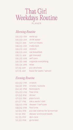 That Girl • Weekend Routine Planner Transform your weekends with "That Girl • Weekdays Routine Planner"! 🌸✨ Plan your days with self-care, productivity, and relaxation tips. Be the best version of yourself every weekend! 🗓️💖 #ThatGirl #WeekendRoutine  #WeekdaysRoutine #SelfCare #Productivity #WeekendVibes #PlannerAddict #HealthyHabits #GlowUp Being That Girl Routine, Self Care Day Plan, Weekday Night Routine, Best Morning Routine Every Day, Cute Morning Routine List, Things To Be Productive, How To Be Productive In The Morning