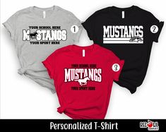 Personalized Mustangs School Spirit T-Shirt Football, Baseball, Softball, Track, Wrestling, Cheer, Volleyball, Cross Country, Band, Basketball Not all colors are available in youth sizes. Please check the color/size charts in photos. The perfect way to show your school spirit! This lightweight and super soft tee is everyone's favorite style. Size and color charts are available in the product photos. We do our best to accurately represent shirt colors by using actual photos but do understand that Represent Shirt, Mustang T Shirts, Shirt Football, Customise T Shirt, Baseball Softball, Color Charts, Star Shirt, School Spirit, Cross Country