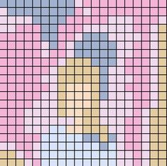 a cross stitch pattern in pink, yellow and blue with the shape of a heart