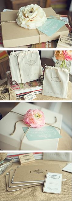 three pictures of different boxes with flowers in them and some tags attached to the top