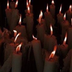 many lit candles are lined up in rows