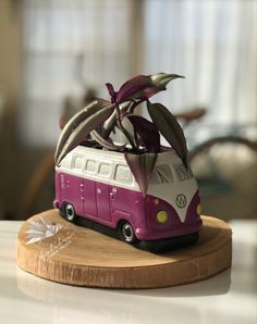 a purple and white bus with a plant in it on top of a wooden board