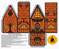 an orange and black paper cut out of a house with bats, pumpkins and witches on it