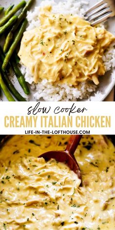 creamy italian chicken is served with rice and asparagus for a delicious dinner or appetizer