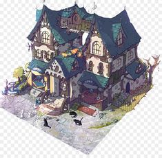 an image of a cartoon house with many windows and lots of stuff on the ground