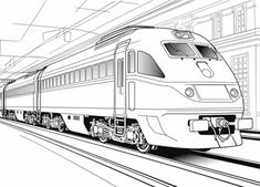 a black and white drawing of a train traveling down the tracks in front of a building