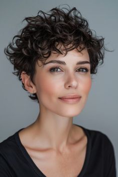 Short Curly Fine Hair Styles Over 40, Women’s Short Curly Haircut, Short Hairstyles For Women Over 40 Edgy Curly, 70's Hairstyles, Hair Cut For 50 Year Old Women Over 50 Curly, 2024 Short Curly Hair Cuts, Middle Part Curly Hair, Pixie Cut Curly Hair, Short Curly Hairstyles For Women