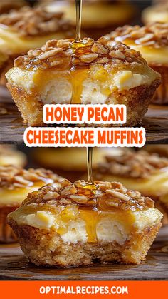 two pictures showing how to make honey pecan cheesecake muffins