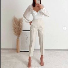 New With Tags. Elegant Wide Leg Bottoms For Brunch, Elegant Slim Fit Pants For Brunch, Elegant High Waist Pants For Brunch, Chic High Waist Bottoms For Brunch, Chic High-waist Bottoms For Brunch, Chic High-waisted Pants For Brunch, Beige Bottoms For Spring Brunch, Cream Fitted Bottoms For Brunch, Chic Beige Party Pants