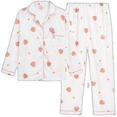 Long Sleeve Buttoned Sleepwear For Pajama Party, Cute Long Pants Sleepwear For Loungewear, Cute Cotton Sleepwear, White Long Pants Set For Sleepovers, Casual Sleepwear Sets With Buttons, Casual Sleep Sets With Buttons, Casual Sleepwear With Strawberry Print For Pajama Party, Cute Strawberry Print Sleepwear For Lounging, Cute Long Pants Sleepwear For Sleepovers