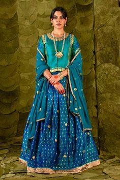 Deep lagoon blue lehenga with silk tape, aari, zari and silk thread embroidery. Paired with a lapis green embroidered long blouse and a circular butti embroidered dupatta. - Aza Fashions Silk Thread Embroidery, Lehenga Pattern, Blue Lehenga, Embroidered Dupatta, Thread Embroidery, Blue Lagoon, Silk Thread, Long Blouse, Set For Women