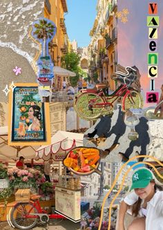 a collage of various pictures with people and animals in them, including bicycles, food stands, buildings, and signs