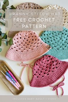 three crocheted bonnets with the text granny stitch hat free crochet pattern