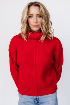 Baltic Born exclusive style Vibrant Red color Knit material with stretch Cozy turtleneck style Relaxed pull over style Raised knit details on bodice and shoulder Dropped shoulder Ribbed sleeves and hem 57% Polyester, 26% Acrylic, 14% Nylon, 3% Spandex Trina is 5'6, cup size 32D, size 2 and is wearing size S Winter Knit Mock Neck Top, Winter Knit High Neck Mock Neck Top, Winter High Neck Knit Mock Neck Top, Winter Knit Turtleneck With Ribbed Neckline, Red Stretch Sweater For Layering, High Neck Knit Sweater With Ribbed Neckline, Knit Sweater With Ribbed High Neckline, Winter High Neck Knit Top, Chic Red Knit Top For Fall