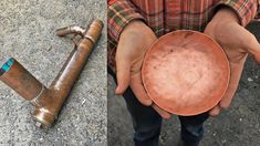 two pictures one with an old pipe and the other with rusted metal bowl in it