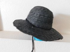 "Black hat with rhinestone 100% paper Beautiful pattern - see photos Wire brim - you can shape it the way you like Light and cool String Condition - great Size - 7\" x 8\"/24\" circumference" Adjustable Black Western Sun Hat, Black Brimmed Sun Hat For Rodeo, Black Straw Hat For Spring Festival, Black Brimmed Sun Hat For Festivals, Adjustable Black Brimmed Sun Hat, Black Curved Brim Sun Hat For Festivals, Black Wide Brim Sun Hat For Rodeo, Adjustable Black Straw Bucket Hat, Adjustable Black Bucket Straw Hat