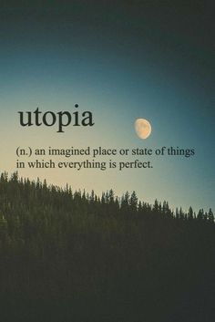 an image with the words utopia written on it in front of trees and a moon