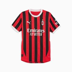 a red and black soccer jersey with the word emiratess on it's chest