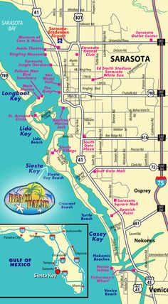 a map of sarasota, florida with the name and location on it's side