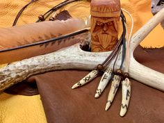 an antler and some other items on a table