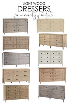 eight drawers are arranged in different colors and sizes, with the words light wood dressers for